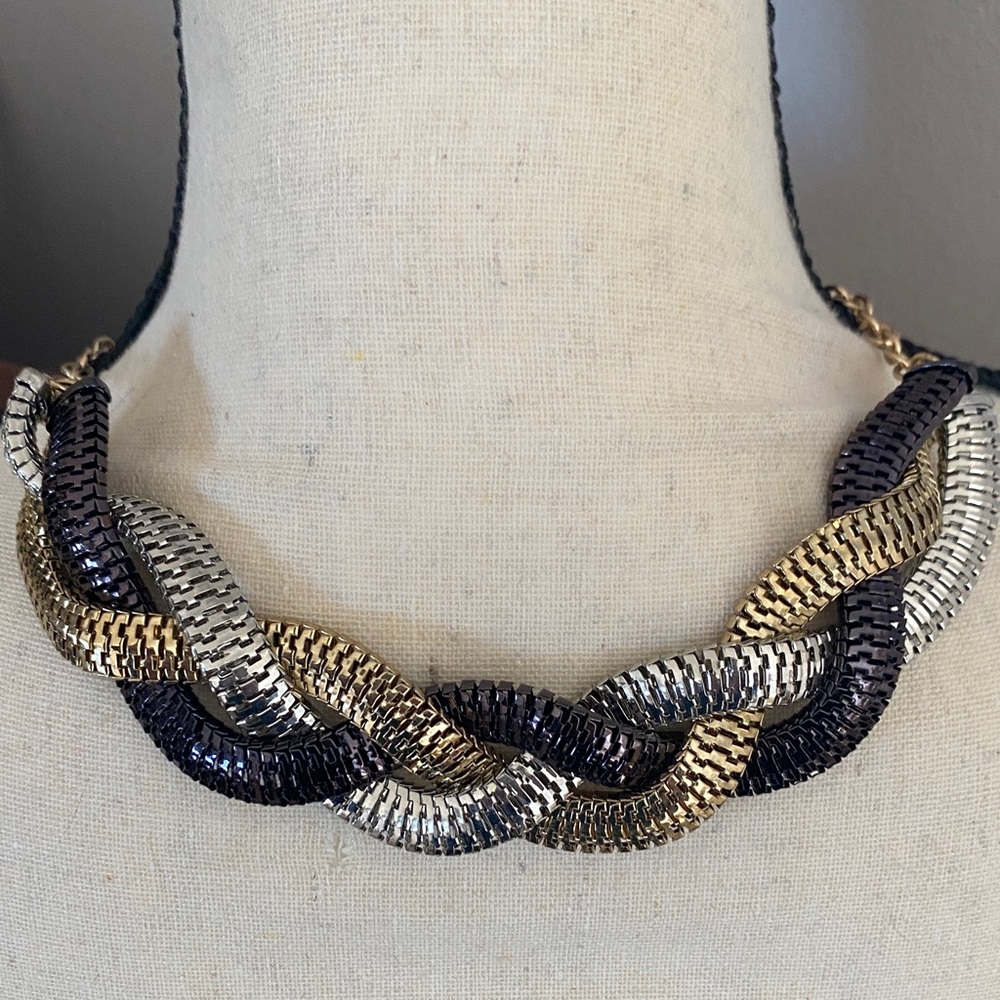 Mesh 3 tone braided adjustable vintage Chain Necklace